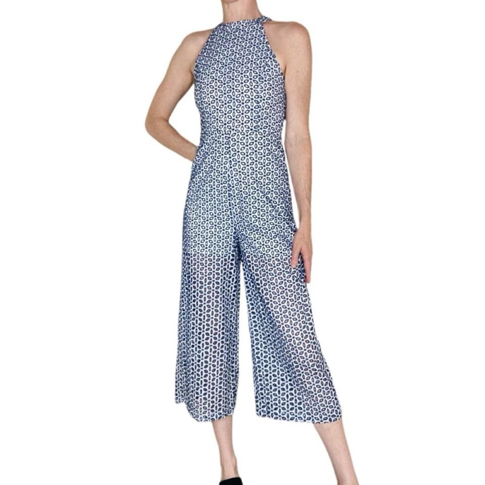 Miami Navy Blue Eyelet Floral Preppy Girly Cropped Sleeveless Jumpsuit